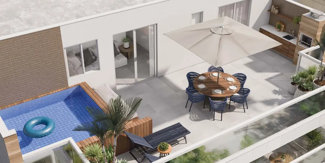 Terraço da cobertura dúplex 701 do Basílio Tijuca, com piscina, ombrelone e churrasqueira