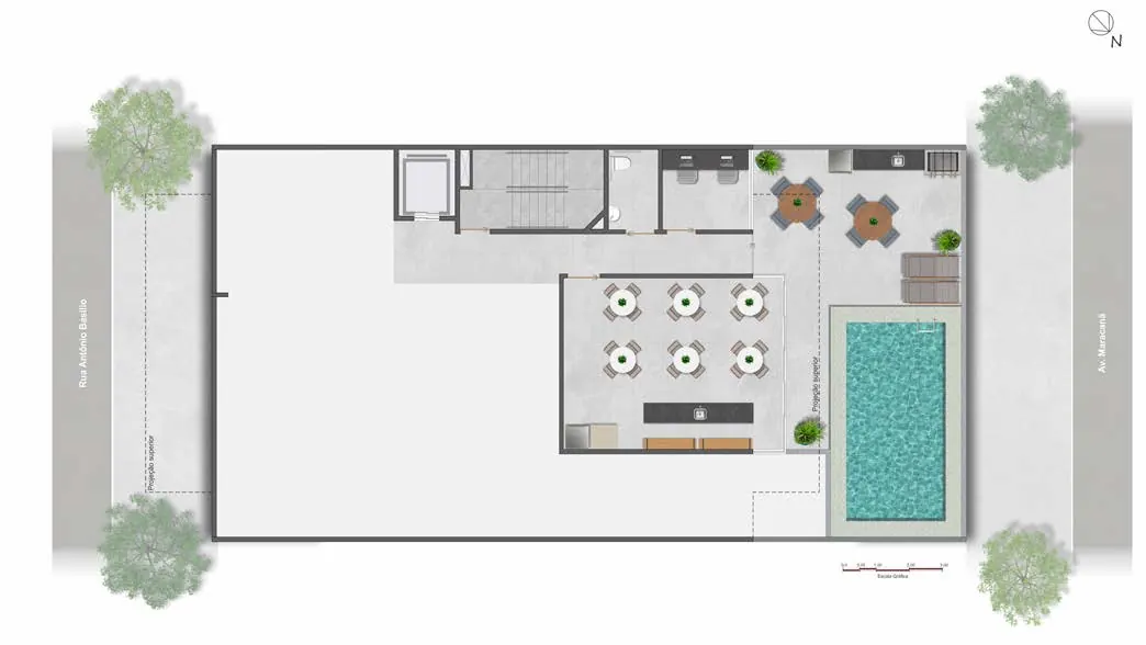 Masterplan do 2º pavimento do Basílio Tijuca, com piscina, churrasqueira, espaço gourmet e coworking