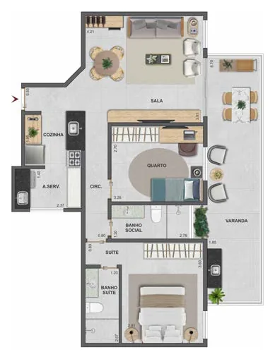 Planta do apartamento de 2 quartos com suíte do Basílio Tijuca, final 02