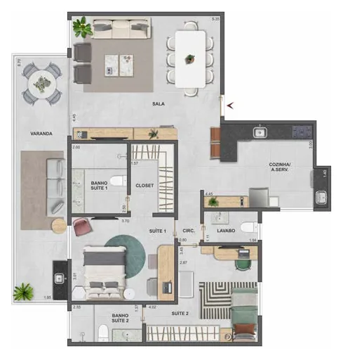 Planta da opção com 2 suítes e lavabo do apartamento de 3 quartos do Basílio Tijuca