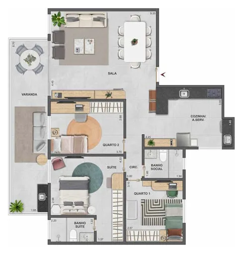 Planta do apartamento de 3 quartos com suíte do Basílio Tijuca, final 01